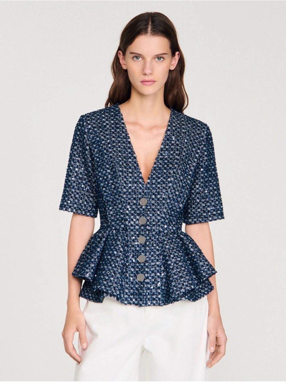 Sandro SEQUINNED PEPLUM TOP / Size 34